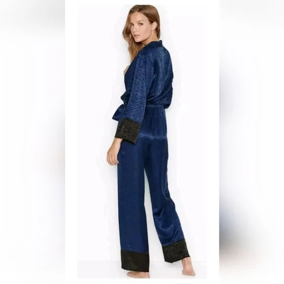 Victoria's Secret Blue Satin Lounge Jumpsuit Womens Size Small Wide Leg Belted - Picture 2 of 7